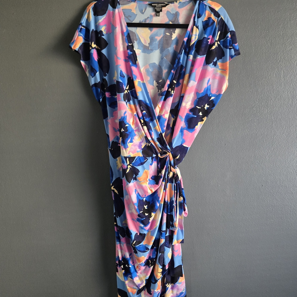 Maggy London Woman Watercolor Floral Wrap Dress in Blue, Pink & Yellow 14W